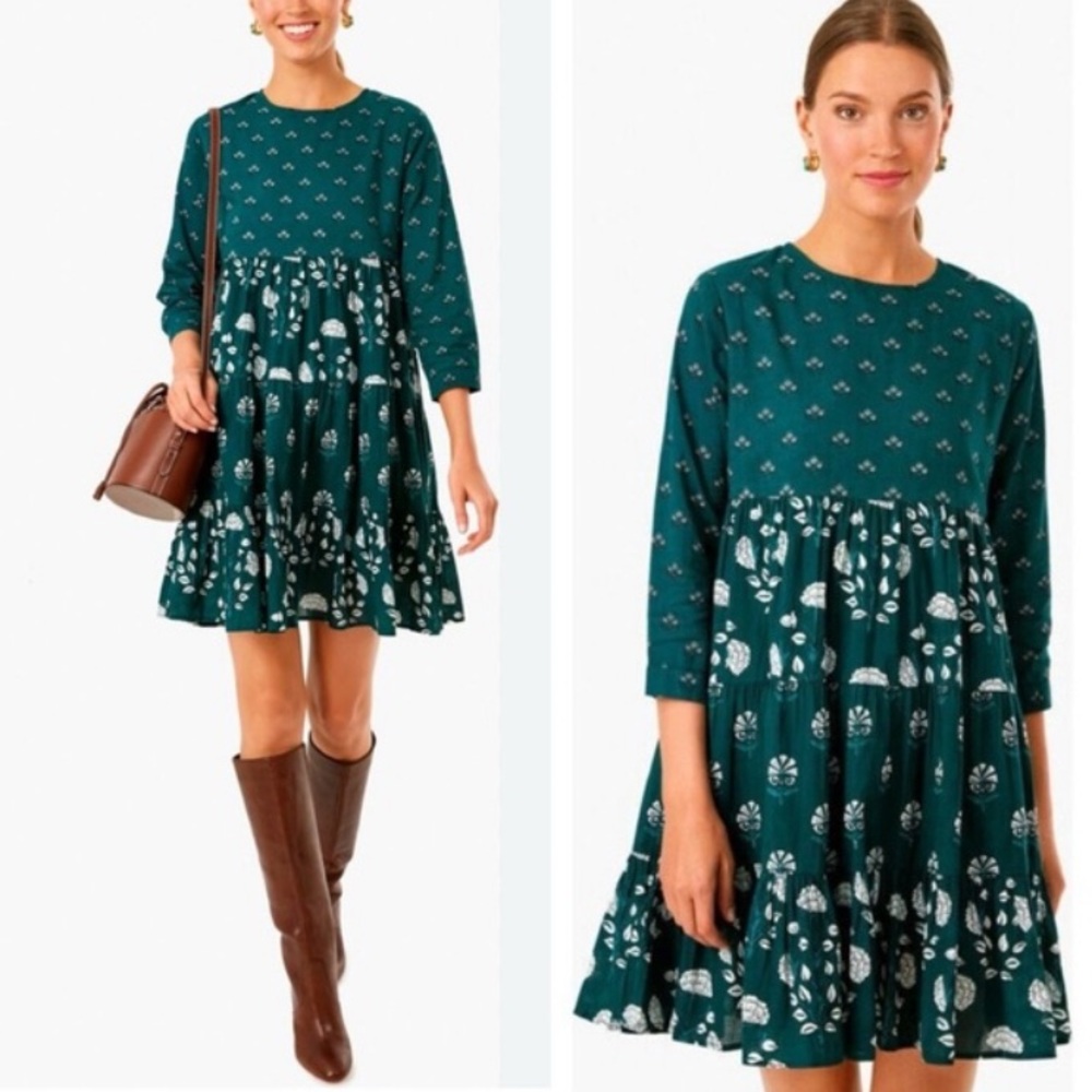 Ro's Garden Mini Dress Tiered Green Floral Dress Sleeve 3/4.  Size L.